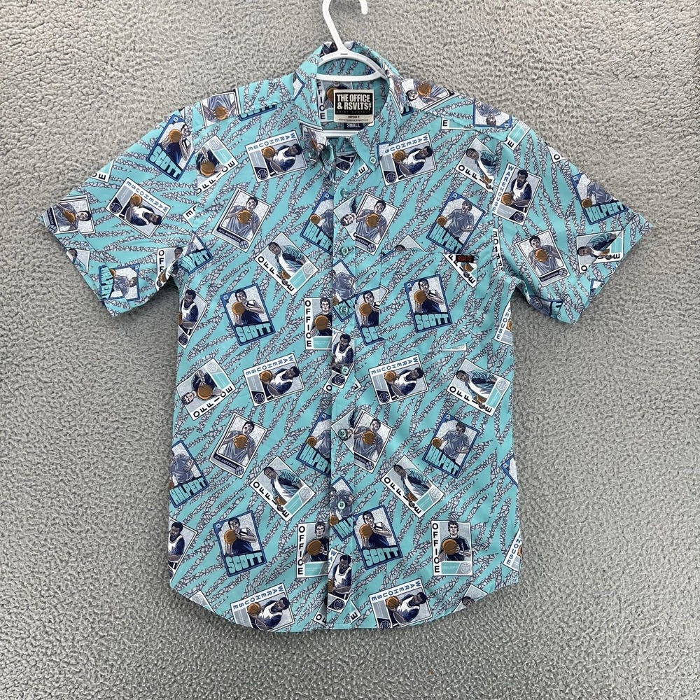 RSVLTS Shirt THE OFFICE Men's Small Blue Short Sleeve Button Up Basketball Cards - Picture 1 of 15